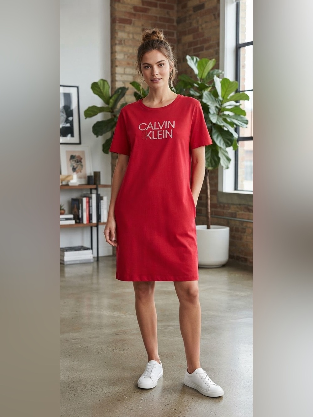 NWT Calvin Klein Red Rhinestone Logo T-Shirt Dress Size 3X Casual Cotton Tunic